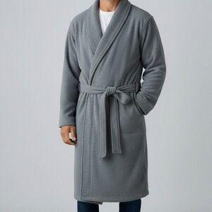 Eddie Bauer Men Robe S/M Gray Fleece Lined Lounge Shawl Collar Belted Cozy Prep